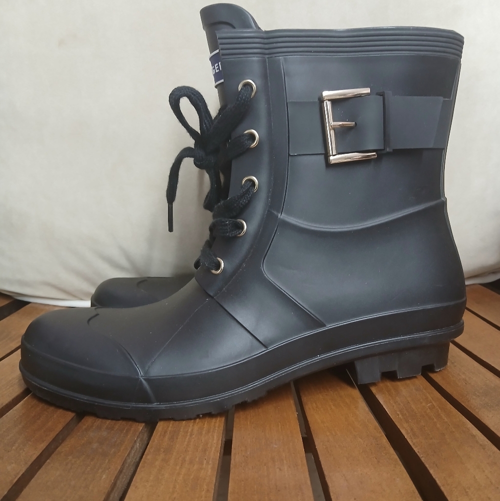 Tommy Hilfiger Timone T Womens Black Rain Boots Buckle Ankle Chelsea Waterproof